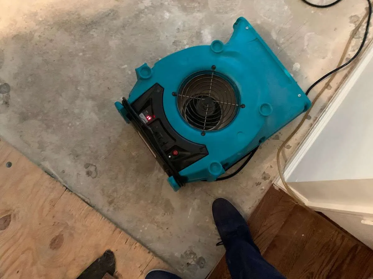Air mover drying subfloor during Leak Detection & Repair in New Prague